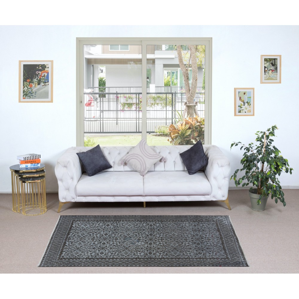 Handmade Small Rug with Botanical Design and Gray Background from Turkey