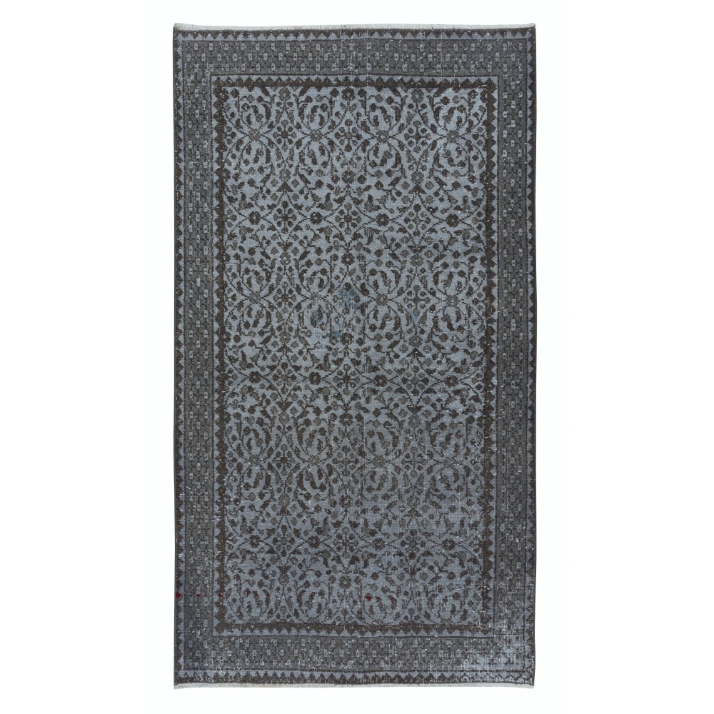 Handmade Small Rug with Botanical Design and Gray Background from Turkey