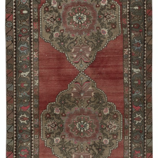 Traditional Vintage Handmade Turkish Hallway Runner Rug with Medallions, 100% Wool