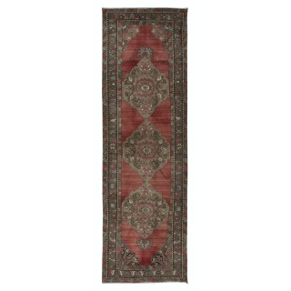 Traditional Vintage Handmade Turkish Hallway Runner Rug with Medallions, 100% Wool