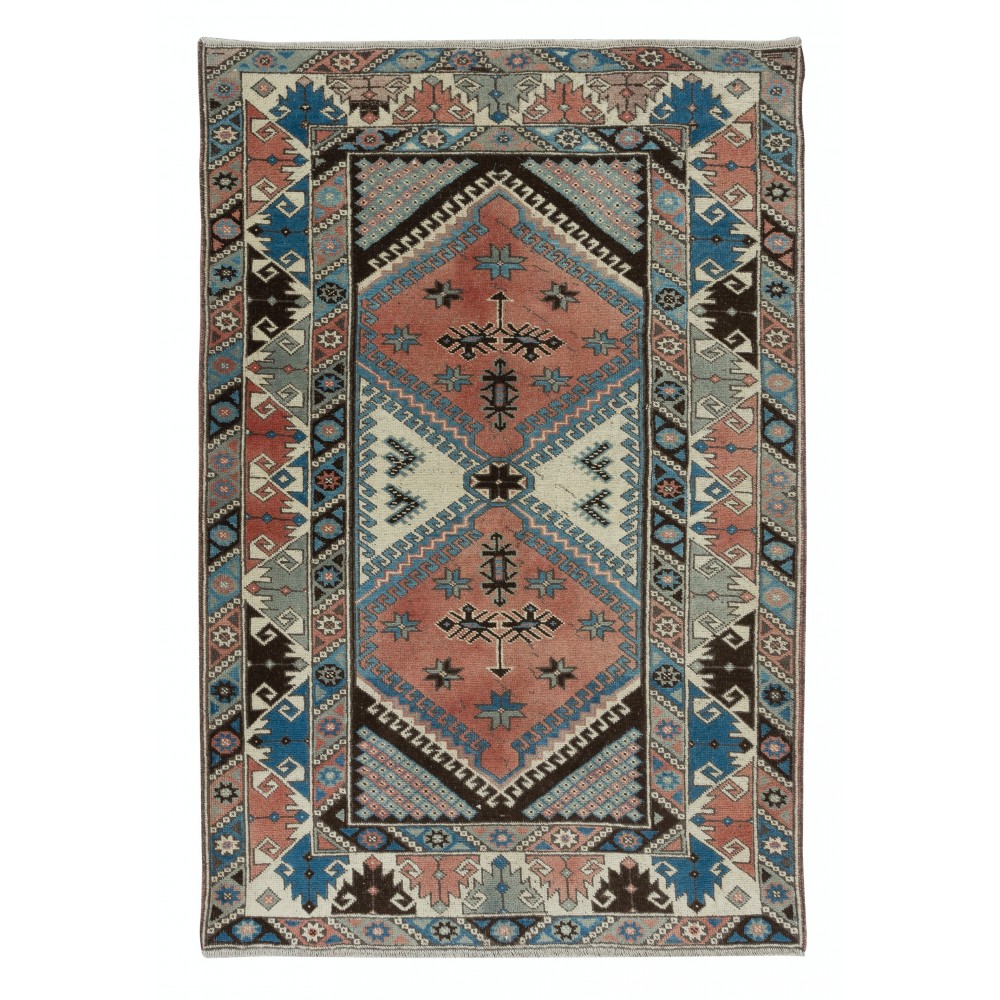 Unique Vintage Hand Knotted Turkish Area Rug with Geometric Patters, All Wool