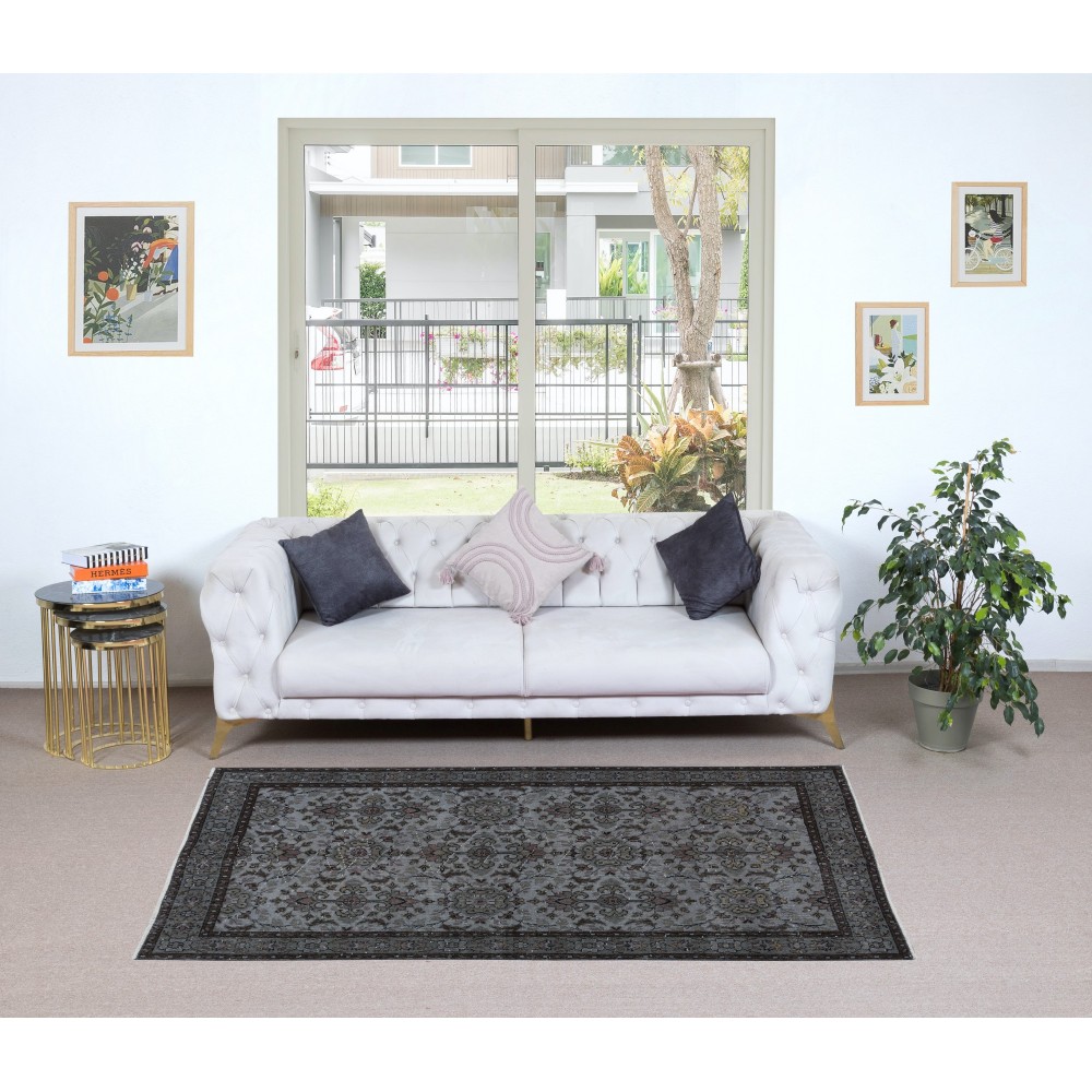 Gray Modern Handmade Turkish Rug, Floral Pattern Living Room Carpet