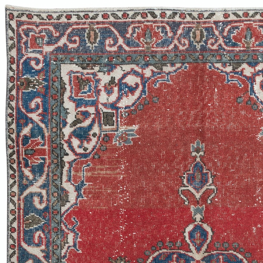 Traditional Vintage Hand-Knotted Turkish Oriental Rug in Red, Navy Blue & Beige
