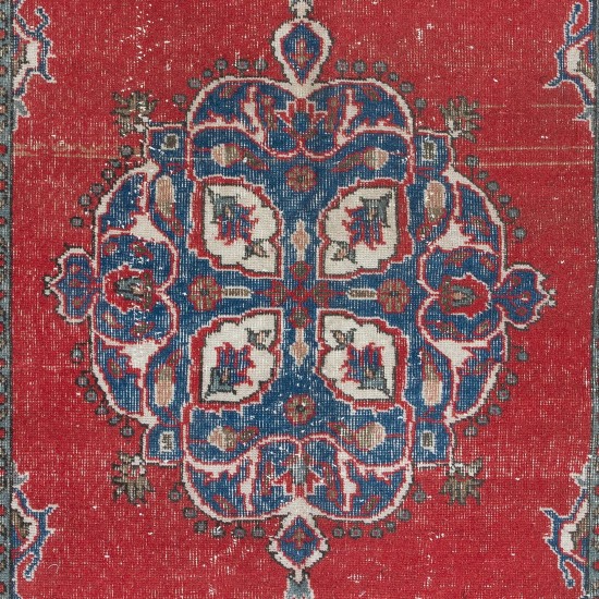 Traditional Vintage Hand-Knotted Turkish Oriental Rug in Red, Navy Blue & Beige