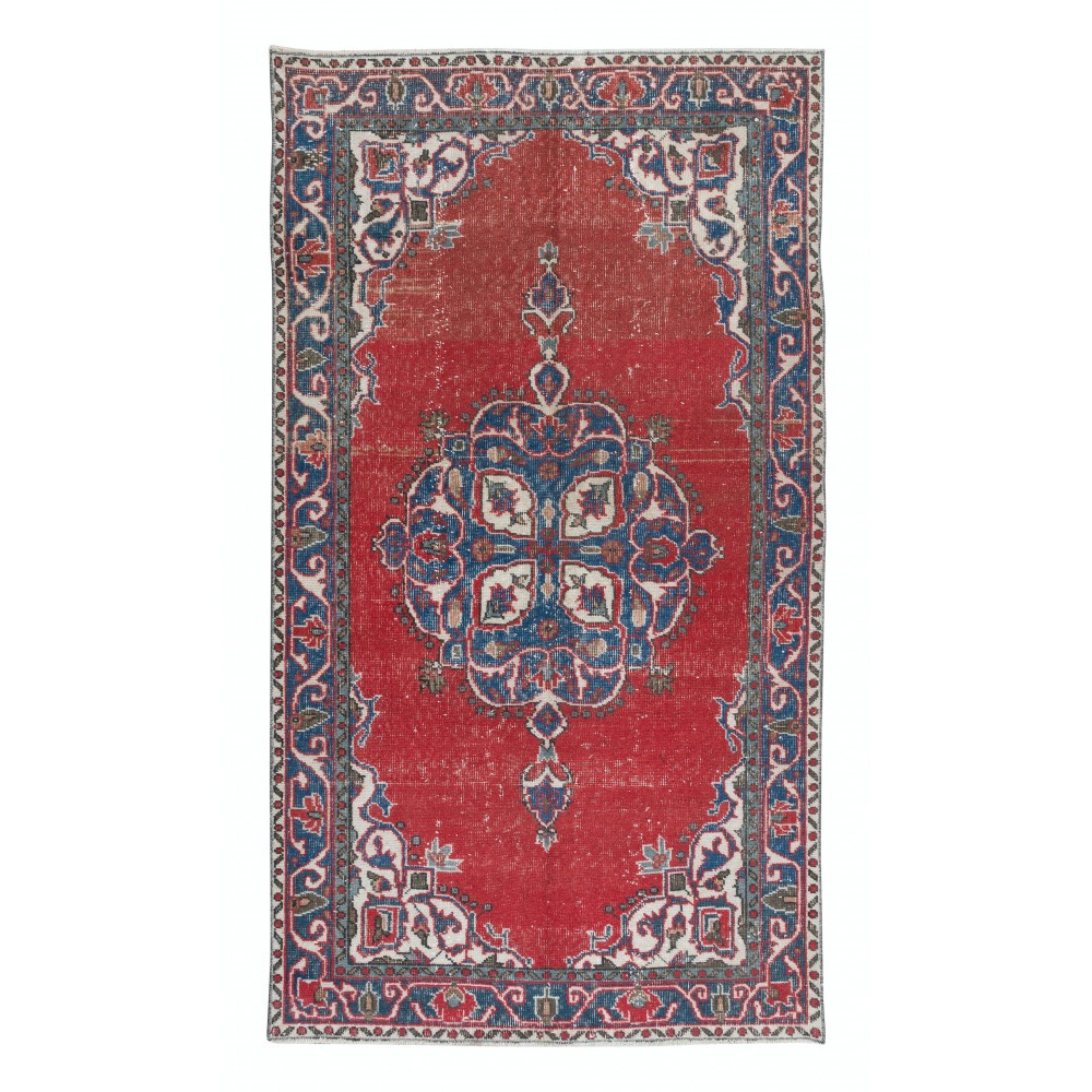 Traditional Vintage Hand-Knotted Turkish Oriental Rug in Red, Navy Blue & Beige