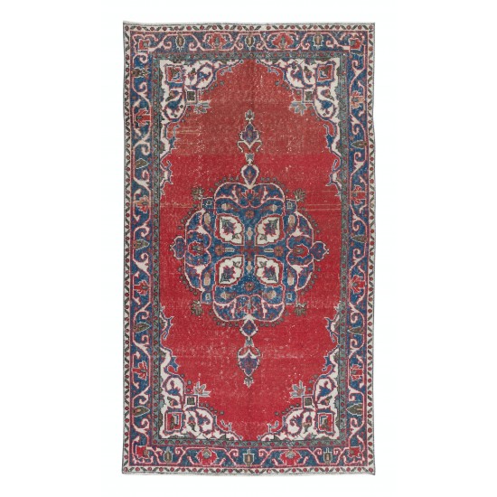 Traditional Vintage Hand-Knotted Turkish Oriental Rug in Red, Navy Blue & Beige