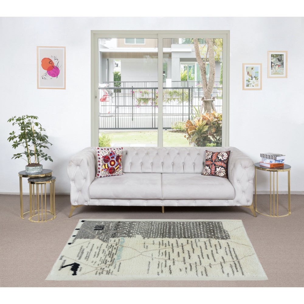 Modern Handmade Moroccan Berber Tulu Rug in Beige & Gray, 100% Wool