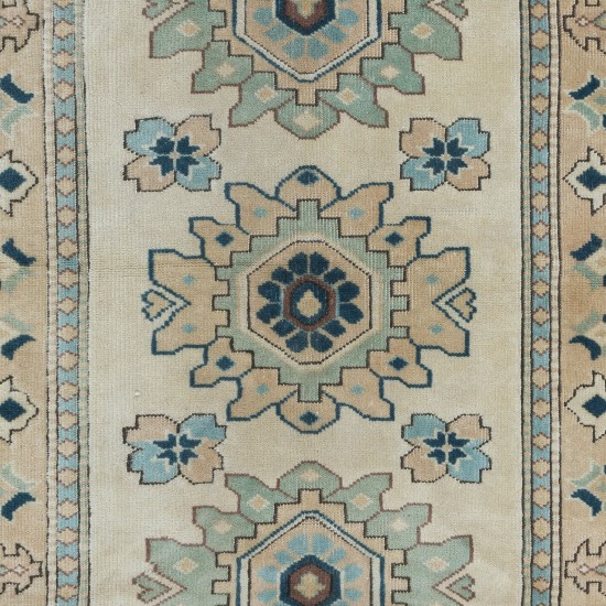Vintage Turkish Wool Traditional Rug with Medallions, Handmade Village Carpet