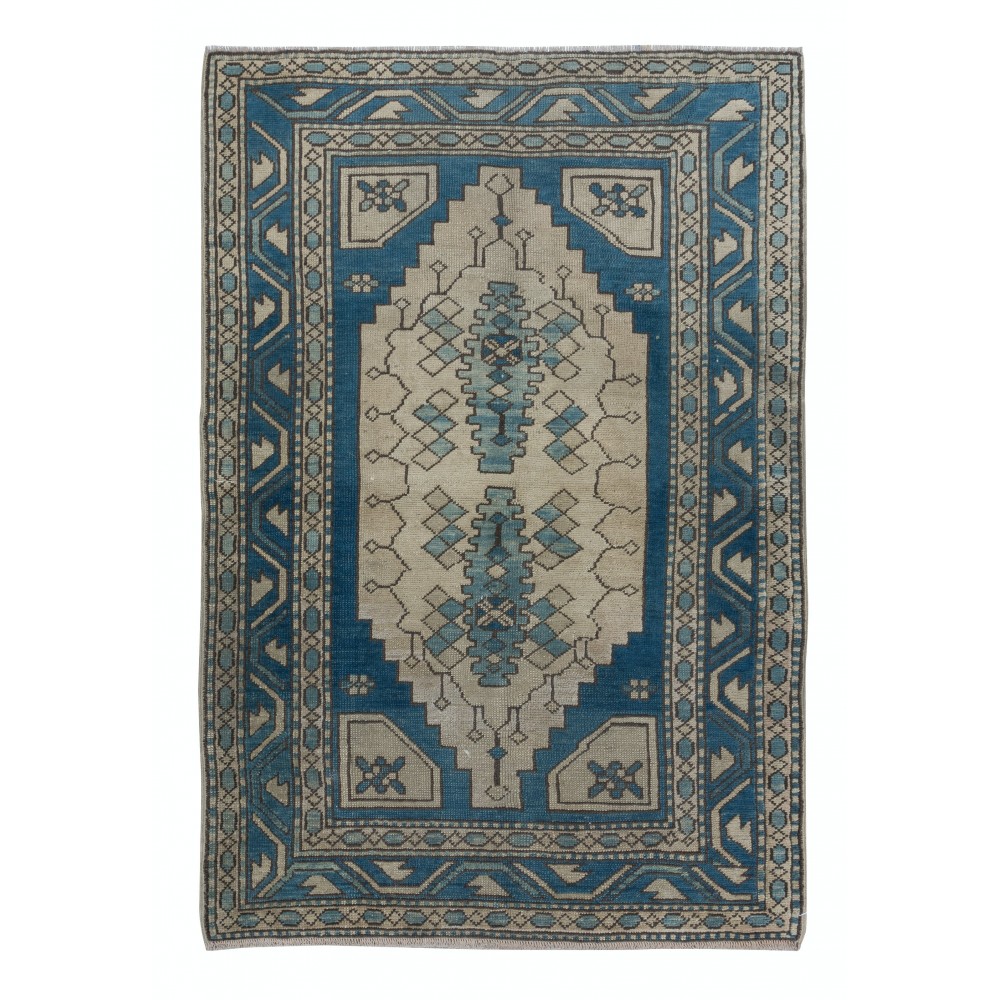 Vintage Turkish Rug in Dark Blue & Beige, Handmade Village Carpet, All Wool