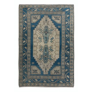 Vintage Turkish Rug in Dark Blue & Beige, Handmade Village Carpet, All Wool