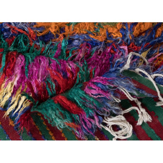 Multicolor Handmade Shag Pile Mohair Tulu Rug with Fringe, Vintage Shaggy Carpet, 100% Mohair Wool