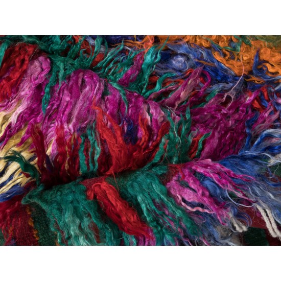 Multicolor Handmade Shag Pile Mohair Tulu Rug with Fringe, Vintage Shaggy Carpet, 100% Mohair Wool