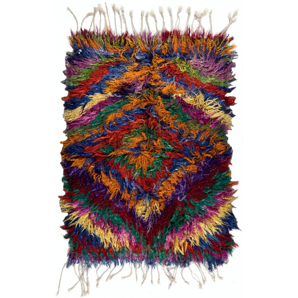 Multicolor Handmade Shag Pile Mohair Tulu Rug with Fringe, Vintage Shaggy Carpet, 100% Mohair Wool