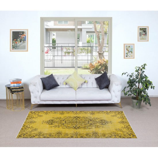Authentic Handmade Turkish Rug Over-Dyed in Yellow, Vintage Carpet made of wool & cotton