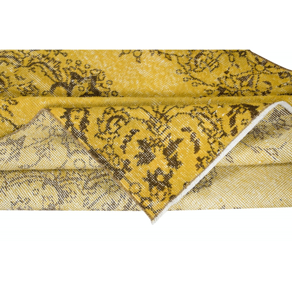 Authentic Handmade Turkish Rug Over-Dyed in Yellow, Vintage Carpet made of wool & cotton