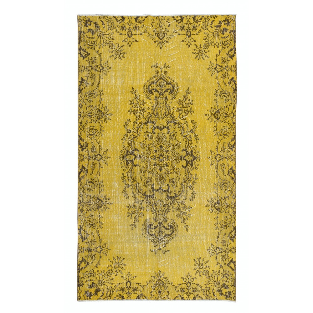 Authentic Handmade Turkish Rug Over-Dyed in Yellow, Vintage Carpet made of wool & cotton