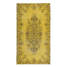 Authentic Handmade Turkish Rug Over-Dyed in Yellow, Vintage Carpet made of wool & cotton