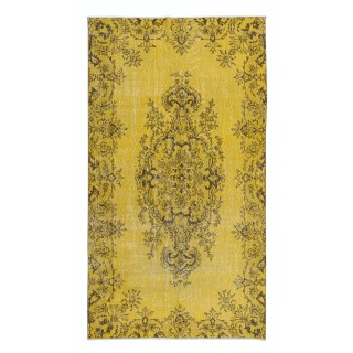 Authentic Handmade Turkish Rug Over-Dyed in Yellow, Vintage Carpet made of wool & cotton