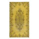 Authentic Handmade Turkish Rug Over-Dyed in Yellow, Vintage Carpet made of wool & cotton