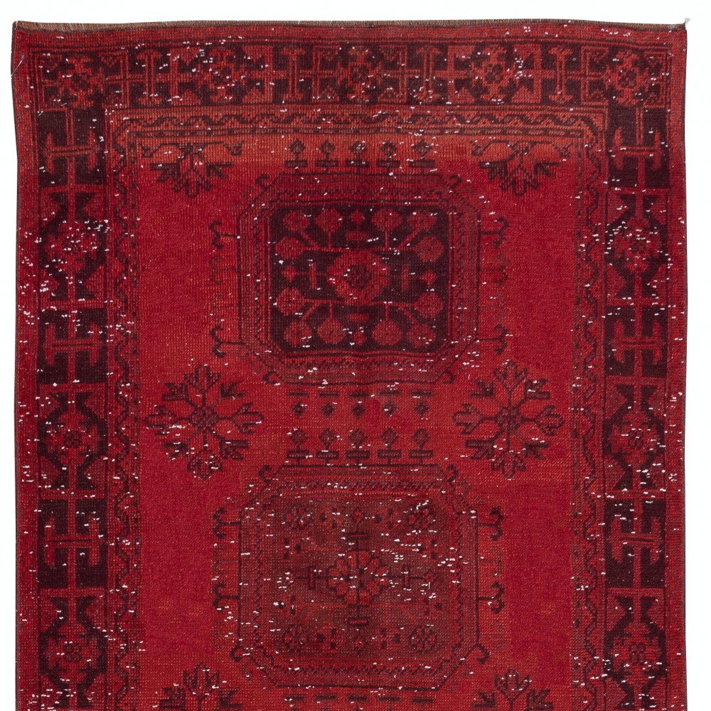 Hand Knotted Runner Rug for Hallway Decor. Modern Turkish Corridor Carpet in Dark Red