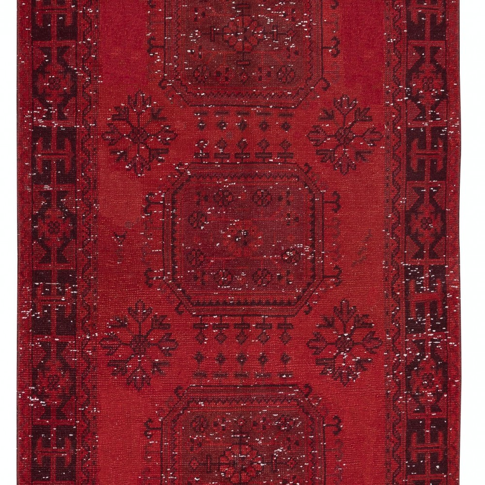 Hand Knotted Runner Rug for Hallway Decor. Modern Turkish Corridor Carpet in Dark Red