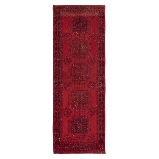 Hand Knotted Runner Rug for Hallway Decor. Modern Turkish Corridor Carpet in Dark Red