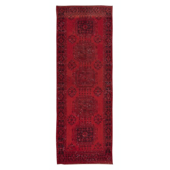 Hand Knotted Runner Rug for Hallway Decor. Modern Turkish Corridor Carpet in Dark Red