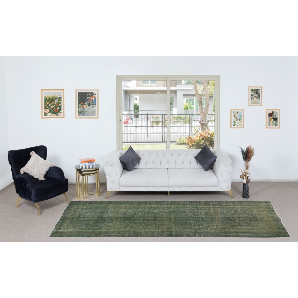 Vintage Turkish Runner Rug for Hallway. Handmade Corridor Carpet in Green