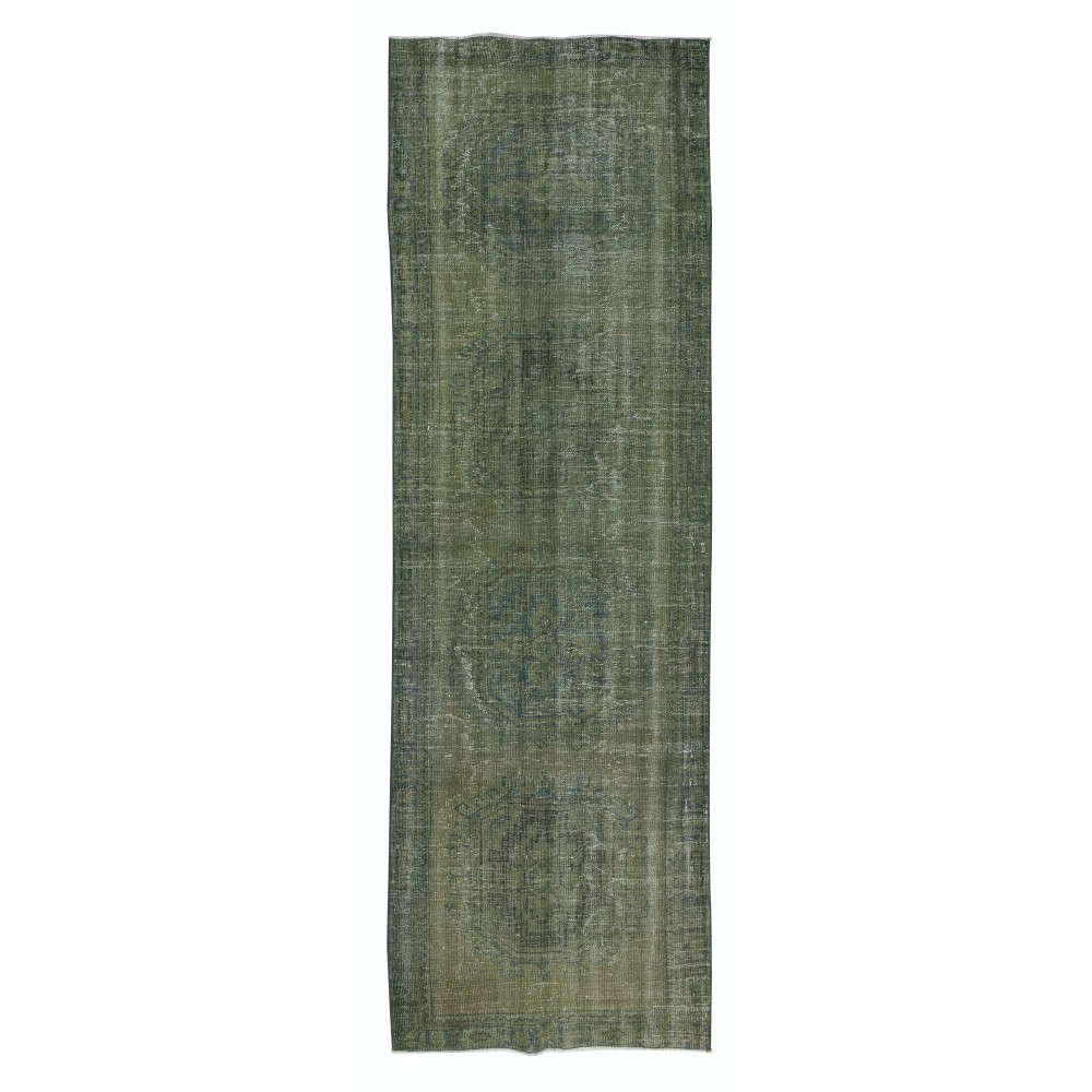 Vintage Turkish Runner Rug for Hallway. Handmade Corridor Carpet in Green