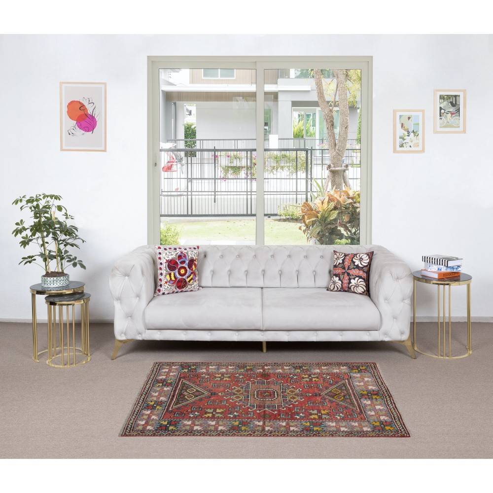 Semi Antique Turkish Bergama Rug in Red Color, 100% Wool