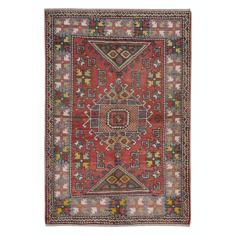 Semi Antique Turkish Bergama Rug in Red Color, 100% Wool