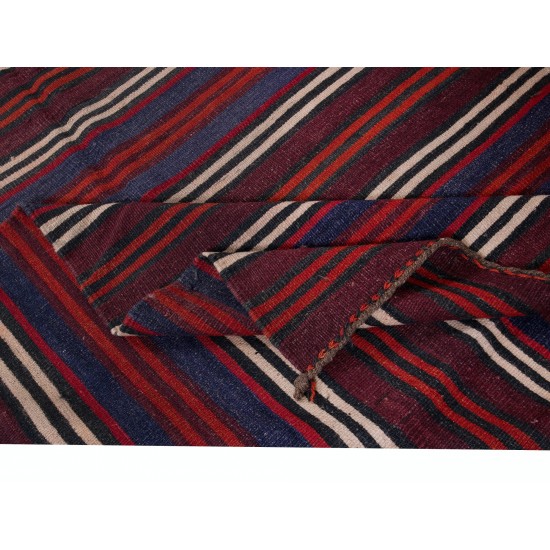 Hand-Woven Turkish Kilim with Striped Pattern, Flat-Weave Multicolor Rug, 100% Wool