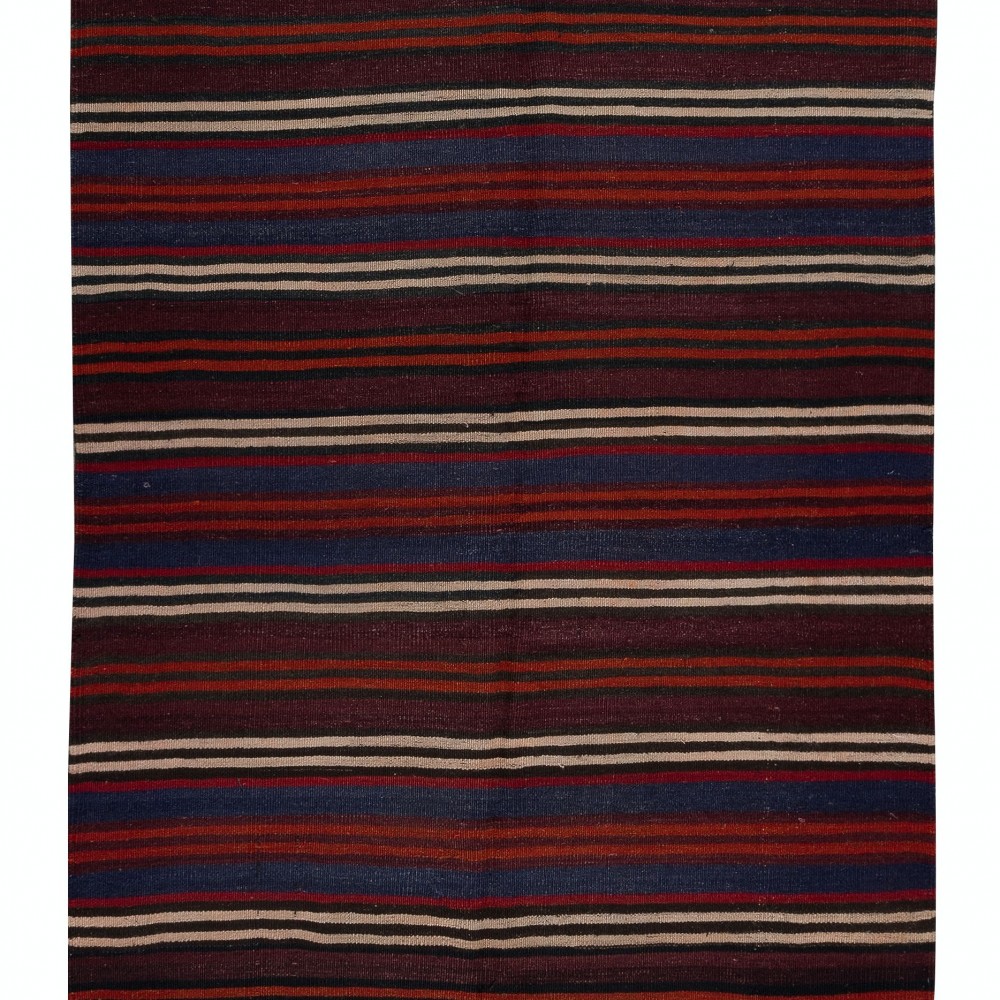 Hand-Woven Turkish Kilim with Striped Pattern, Flat-Weave Multicolor Rug, 100% Wool