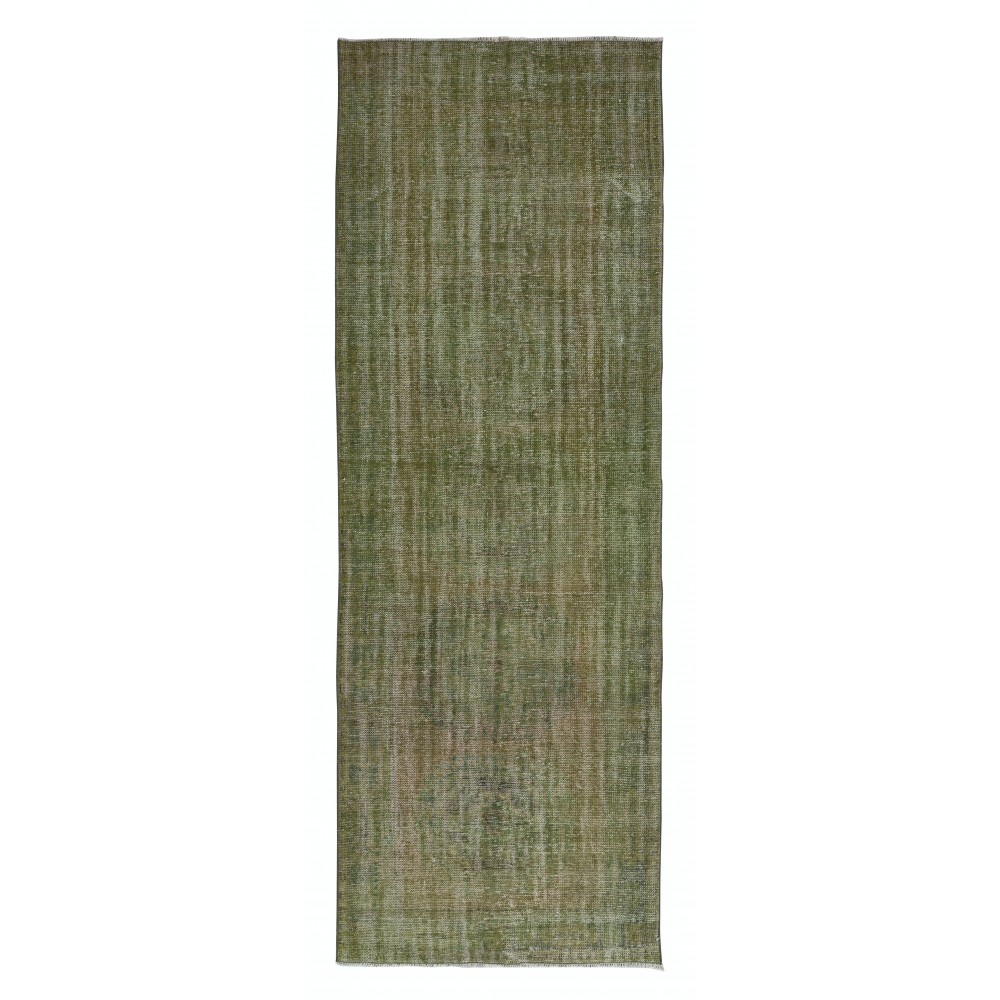 Handmade Anatolian Runner Rug in Moss Green, Decorative Contemporary Corridor Carpet
