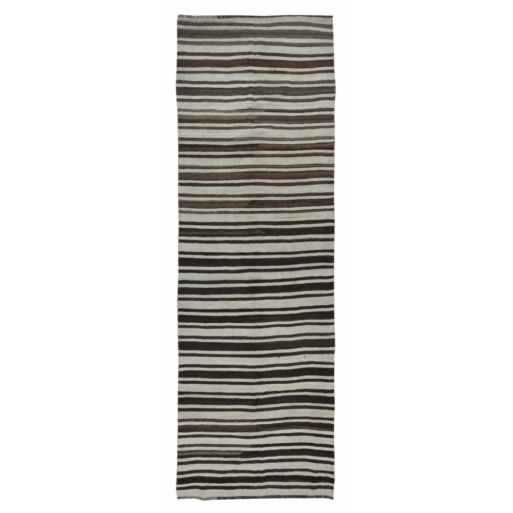 Vintage Anatolian Runner Kilim Made of Natural Beige & Brown Wool, Flat-Weave