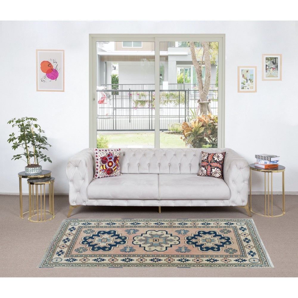 Vintage Hand Knotted Turkish Area Rug for Living Room and Dining Room, 100% Wool
