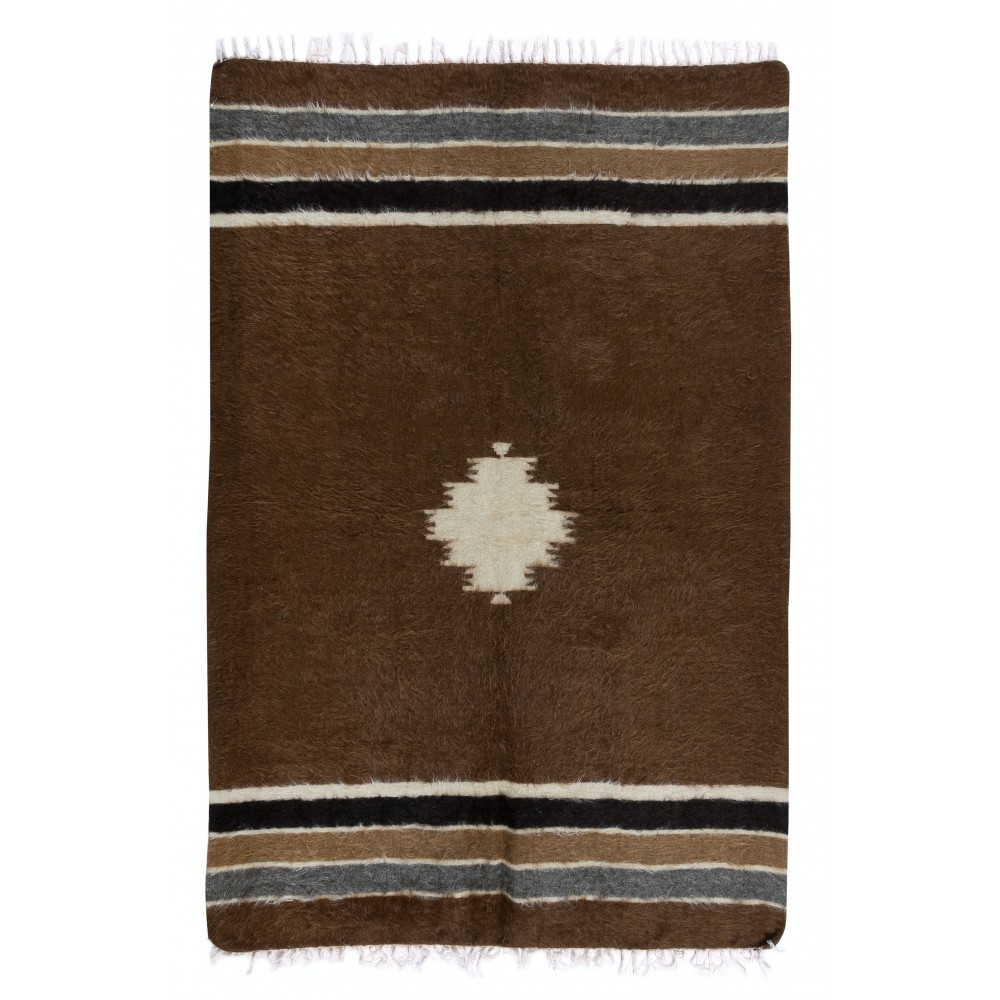 Kurdish Soft Mohair Kilim Rug. Floor Covering & Wall Hanging. Eastern Anatolia Sofa Throw. Vintage Bed Cover. Brown Blanket