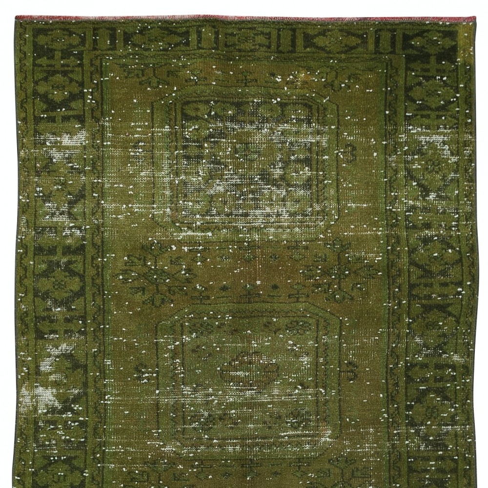 Hand Knotted Runner Rug for Hallway Decor. Modern Turkish Corridor Carpet in Green
