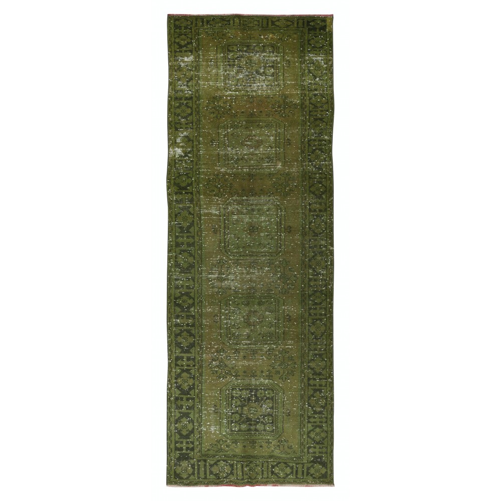 Hand Knotted Runner Rug for Hallway Decor. Modern Turkish Corridor Carpet in Green