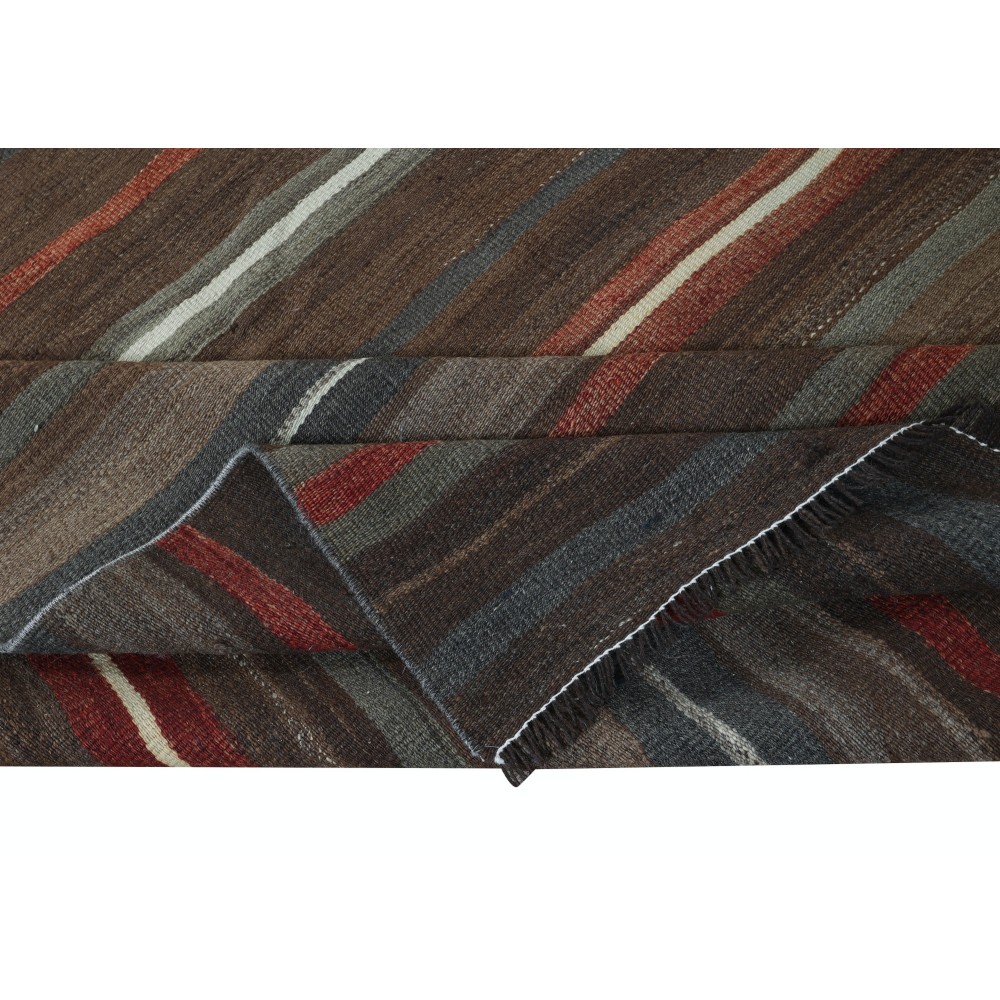 Hand-Woven Striped Anatolian Kilim Runner in Brown and Colorful Stripes, Flat-Weave Vintage Wool Corridor Rug