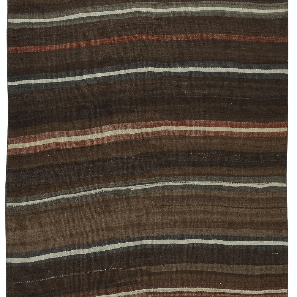 Hand-Woven Striped Anatolian Kilim Runner in Brown and Colorful Stripes, Flat-Weave Vintage Wool Corridor Rug