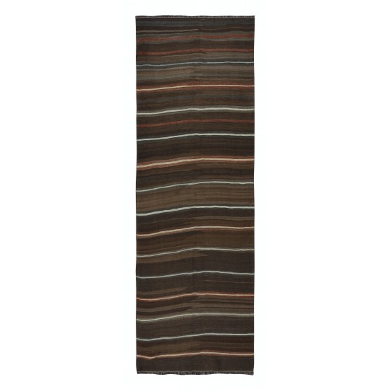 Hand-Woven Striped Anatolian Kilim Runner in Brown and Colorful Stripes, Flat-Weave Vintage Wool Corridor Rug