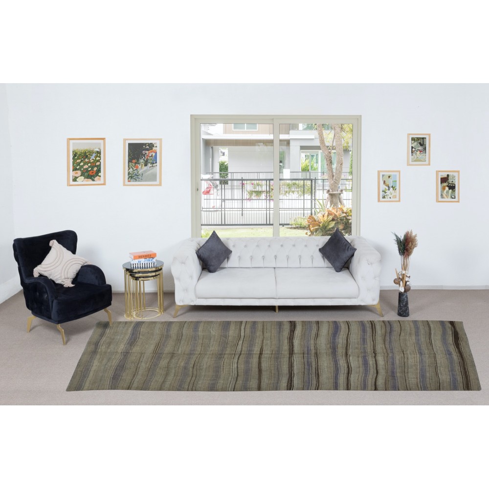 Flat-Weave Turkish Runner Kilim, Vintage Striped Wool Corridor Rug
