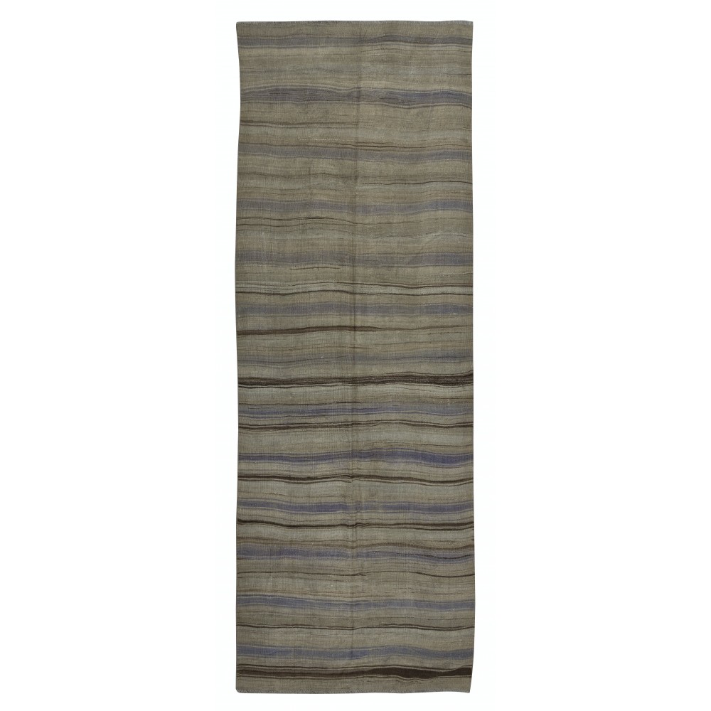 Flat-Weave Turkish Runner Kilim, Vintage Striped Wool Corridor Rug