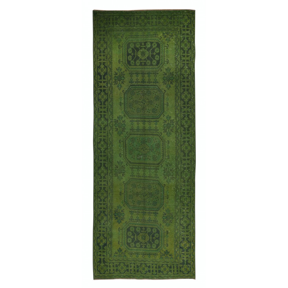 Modern Green Corridor Carpet, Handmade Runner, Turkish Rug for Hallway & Entryway Decor