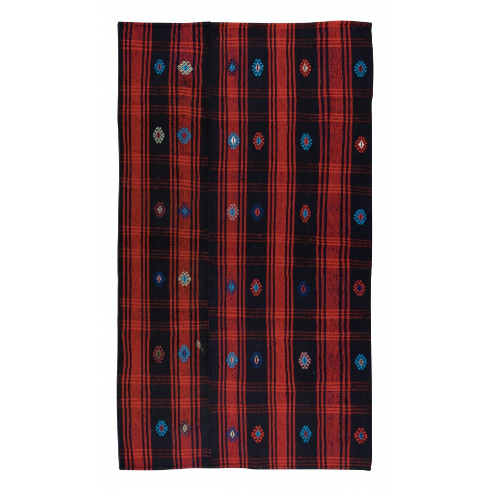 Vintage Hand-Woven Kilim, Anatolian Rug in Red, Navy Blue & Black