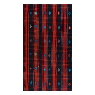Vintage Hand-Woven Kilim, Anatolian Rug in Red, Navy Blue & Black