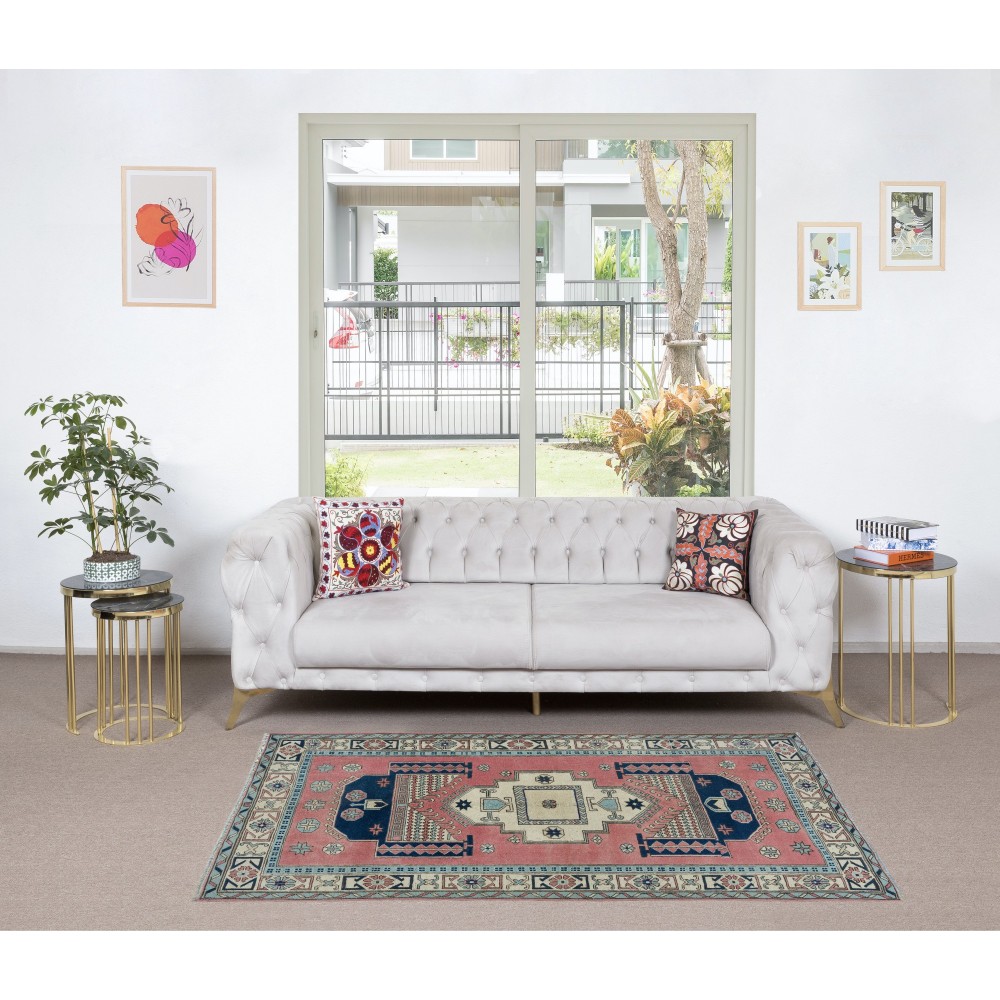 One of a Kind Vintage Hand Knotted Turkish Area Rug with Geometric Patters, 100% Wool