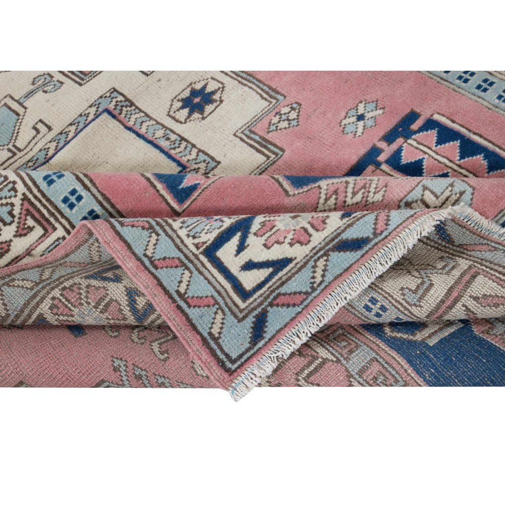 One of a Kind Vintage Hand Knotted Turkish Area Rug with Geometric Patters, 100% Wool