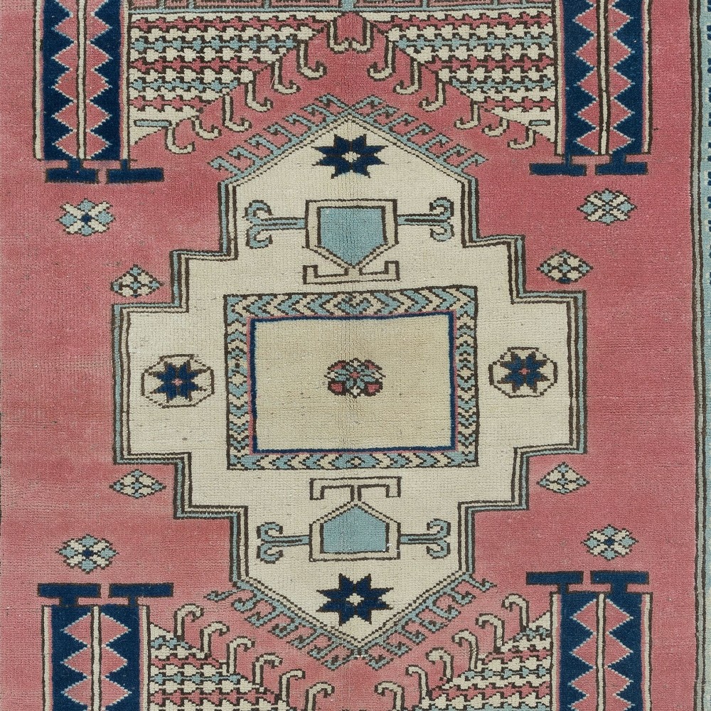 One of a Kind Vintage Hand Knotted Turkish Area Rug with Geometric Patters, 100% Wool